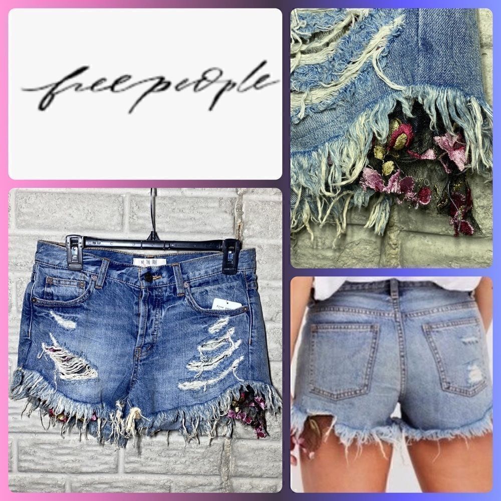NWT MSRP $88 Free People FP Embroidered Lace Distressed/frayed Shorts